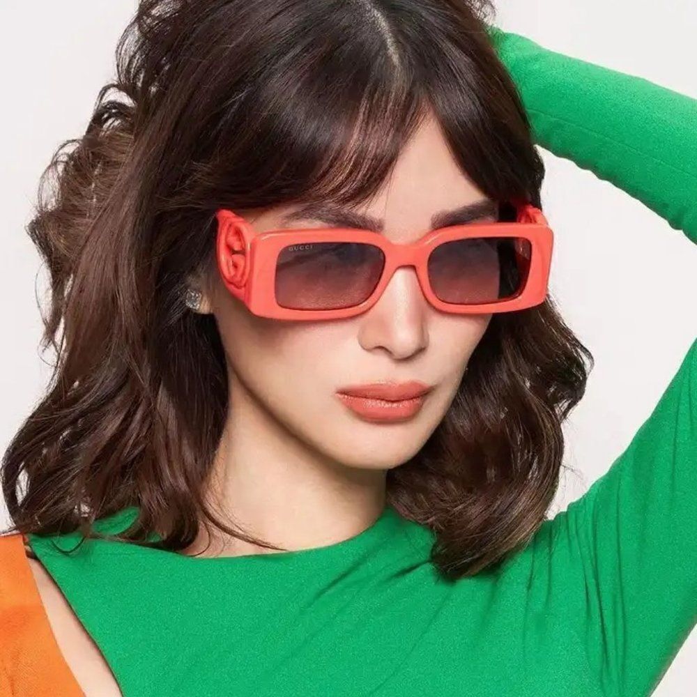 SALE! NEW Gucci GG1325S 005 Red Brown Gradient Rectangle Women Sunglasses - Picture 9 of 13